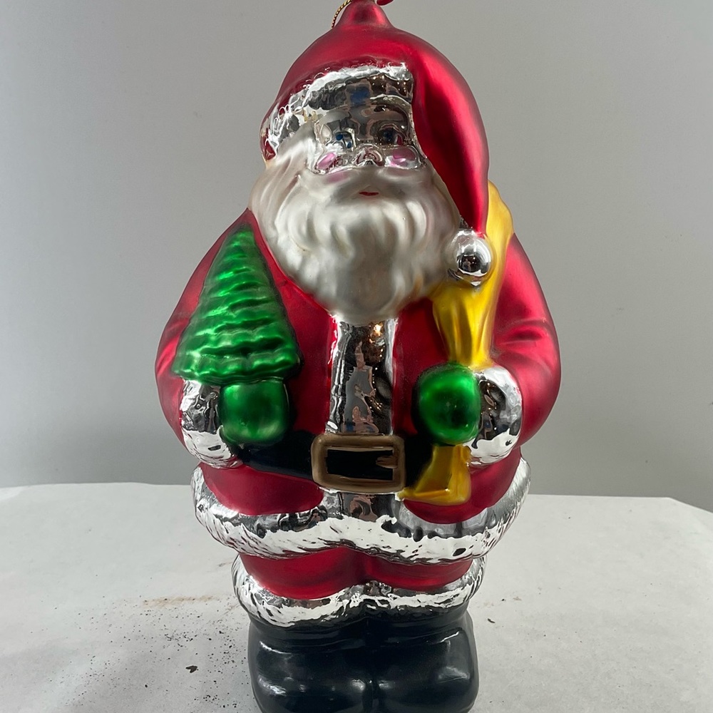 VTG Large Hand Painted Glass Santa 10" Ornament Perfect For Wreath Centerpiece
